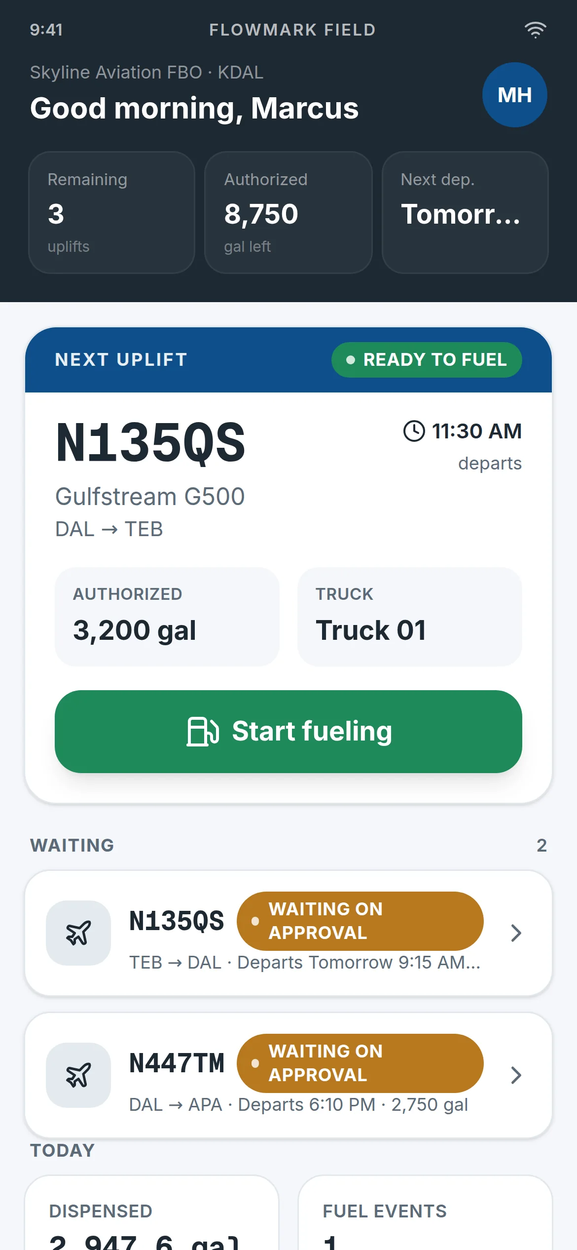 Flowmark Field on a phone, showing the next uplift for tail N135QS, a Gulfstream G500 departing at 11:30 AM, with 3,200 gallons authorized, Truck 01 assigned, a Start fueling control, and two further uplifts waiting on approval.